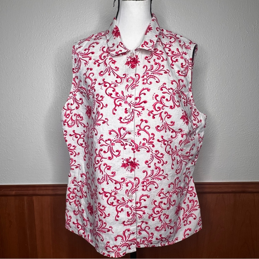 Talbots White Red Fleur De Lis Sleeveless Irish Linen Blouse